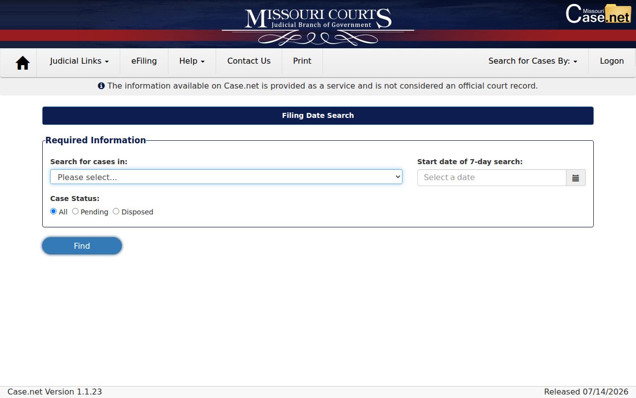 Dallas County case search Case.net filing date search fields