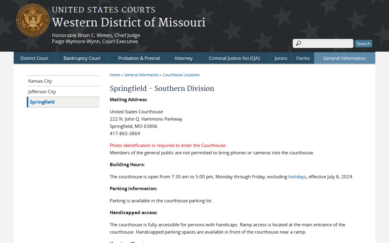 Dallas County court calendar federal Springfield Southern Division information