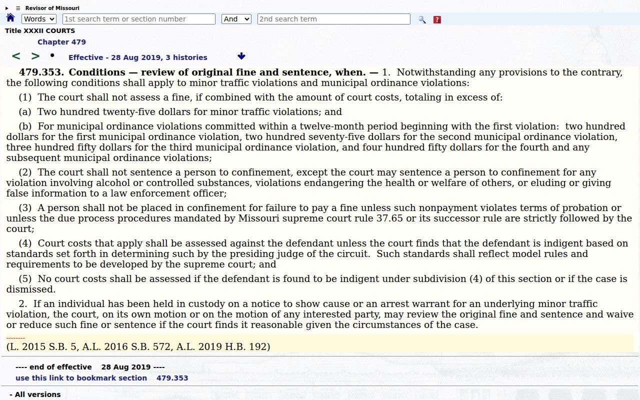 Urbana court record research using Missouri municipal traffic and ordinance fine-limit statute